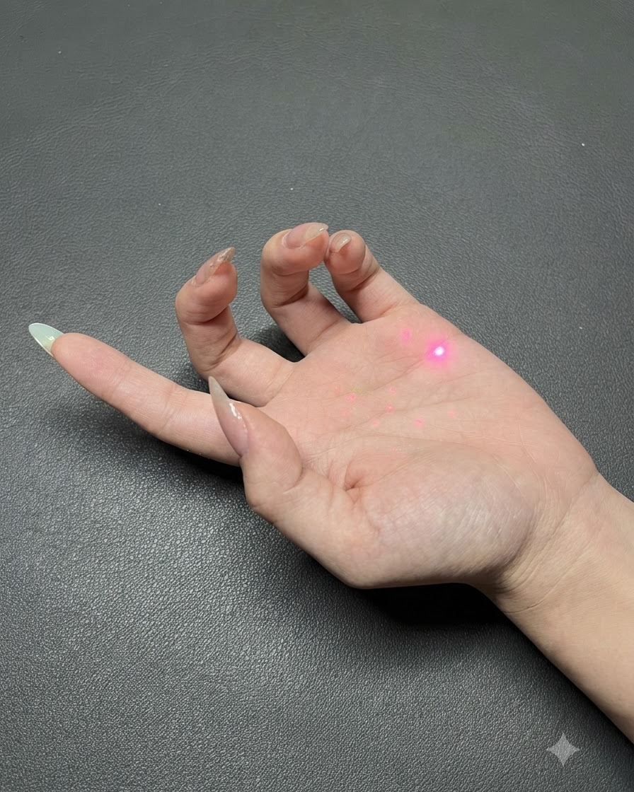 Una mano che mostra lapplicazione del top coat traslucido con riflessi aurora sulle unghie finite.