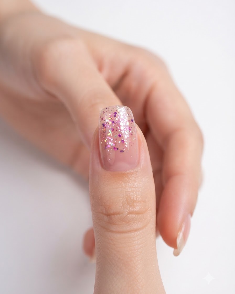 Una vista ravvicinata di ununghia con uno strato liscio e uniformemente distribuito di gel glitter rosa.