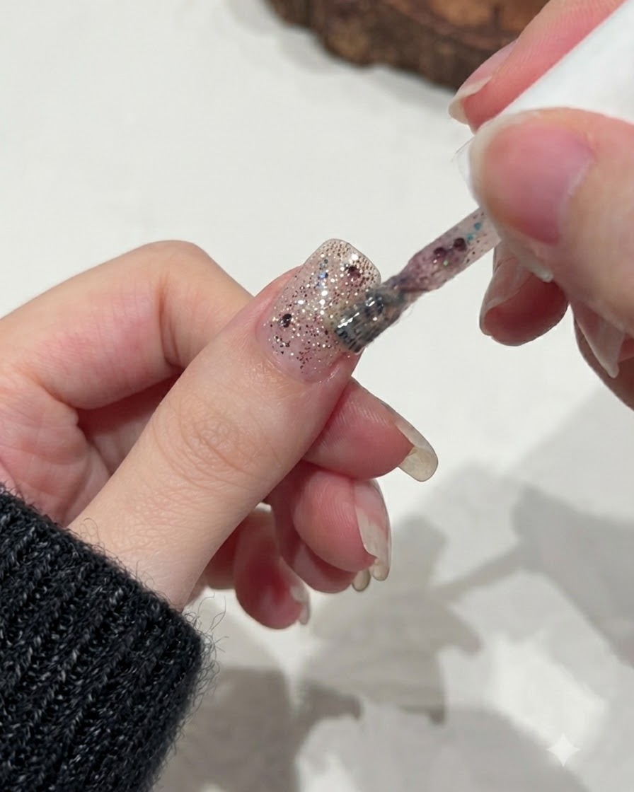Un pennello che applica una seconda mano di gel glitter rosa sullo strato di glitter preesistente su ununghia.