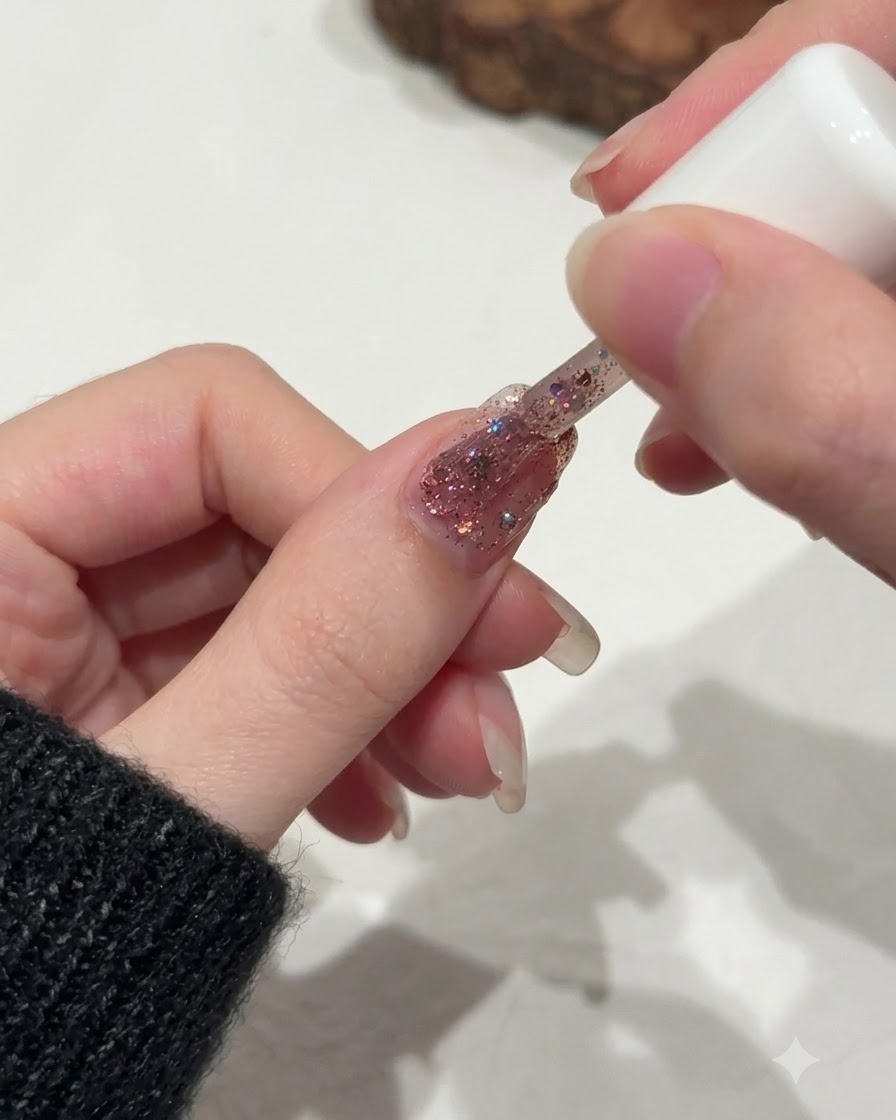 Un pennello che rifinisce delicatamente la distribuzione dei glitter vicino alla linea delle cuticole di ununghia.