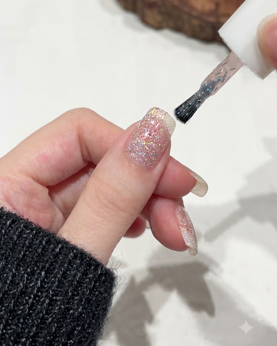 Un pennello che applica una mano di gel shimmer e glitter C62 su una base di unghia con glitter rosa.