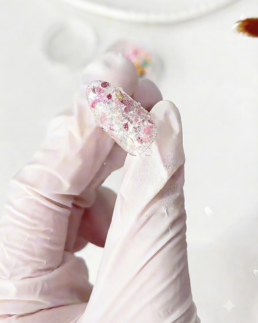 Ununghia decorata e coperta interamente da scaglie di glitter floreali dopo il posizionamento.