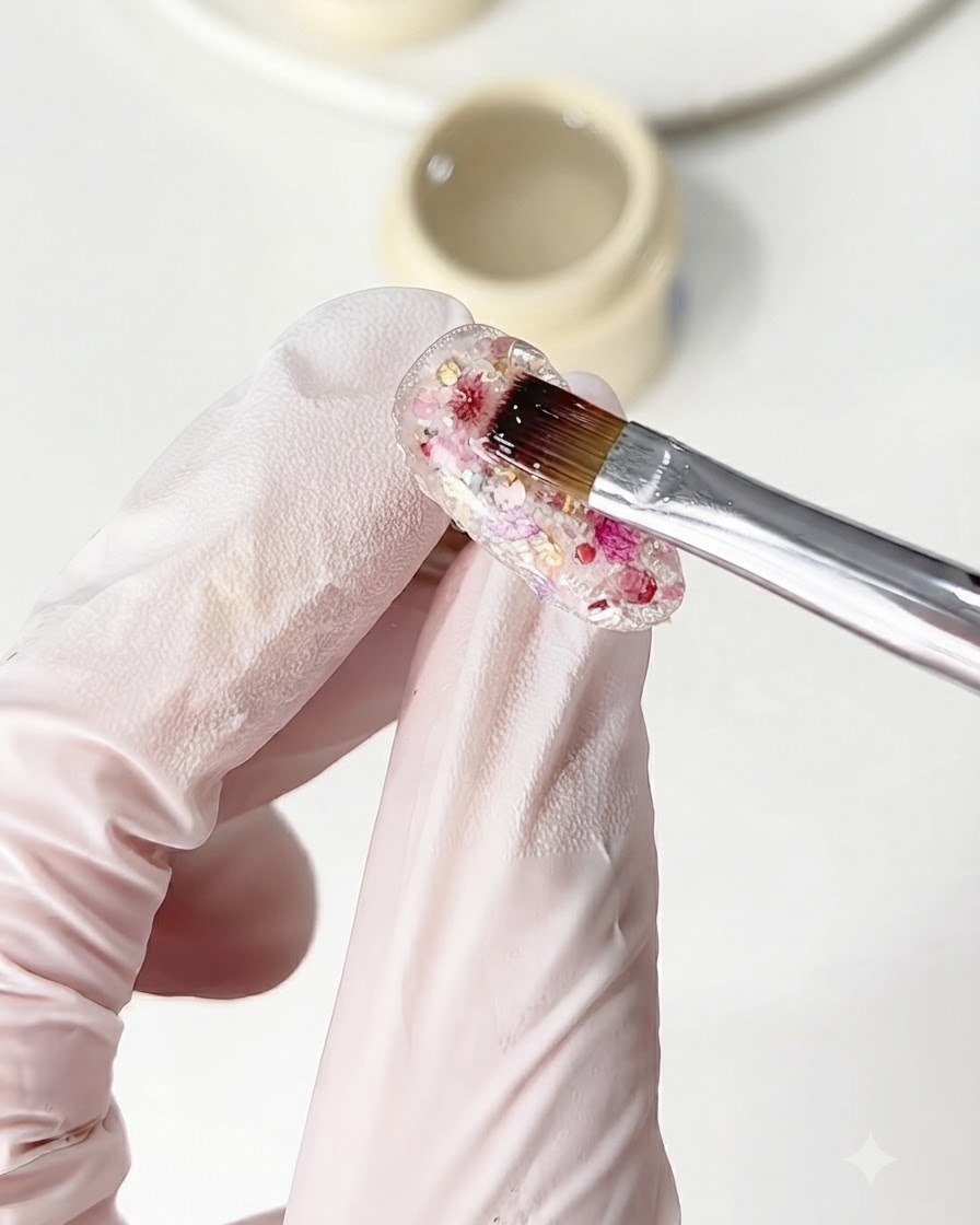 Un pennello applica il gel costruttore sul design delle unghie con glitter e fiori strutturati.