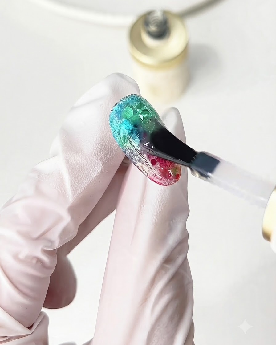 Un pennello applica un top coat lucido sopra un design per unghie rainbow glass glitter strutturato.