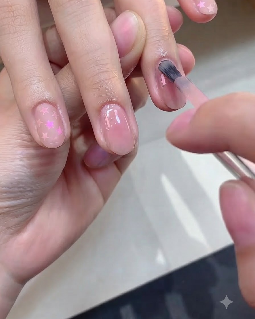 Un pennello che applica un secondo strato sottile di smalto color nude rosato su ununghia.