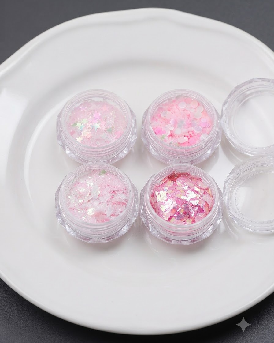 Quattro piccoli barattoli riempiti con glitter rosa olografici a forma di stella, cuore, puntino e farfalla posizionati su un piatto bianco.