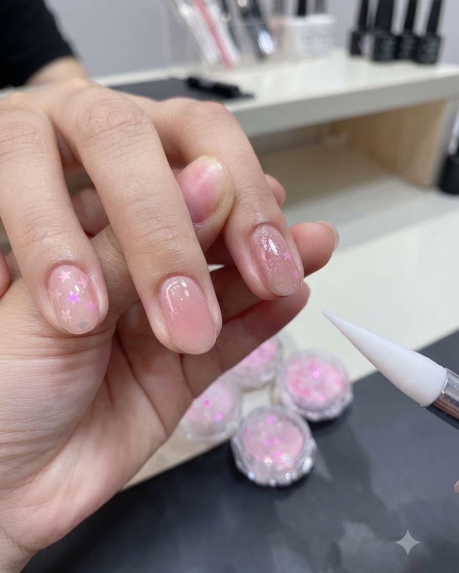 Un pennello di precisione che applica uno strato di gel adesivo trasparente sulla superficie dellunghia preparata e smaltata.