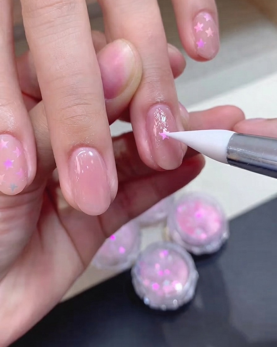 Uno strumento in silicone che posiziona con cura un pezzo di glitter olografico rosa a stella su ununghia bagnata rivestita di gel.