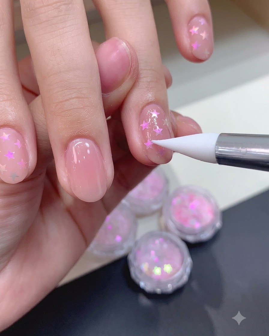 Uno strumento in silicone che modella delicatamente i pezzi di glitter a stella curvi sulla superficie di ununghia in gel nude.