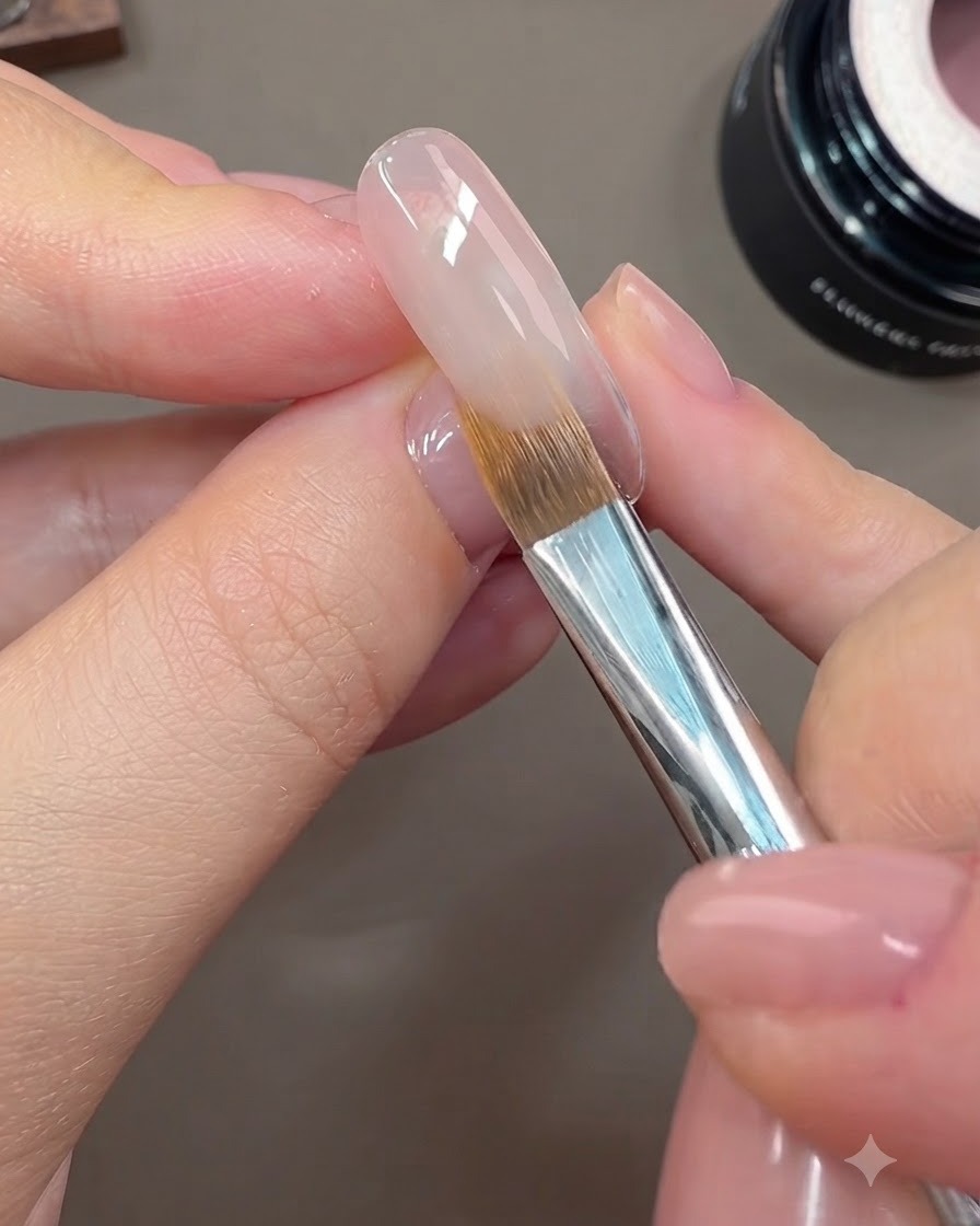 Un pennello a spazzata sfuma naturalmente il bordo del gel rosa nude sulla superficie dellunghia.