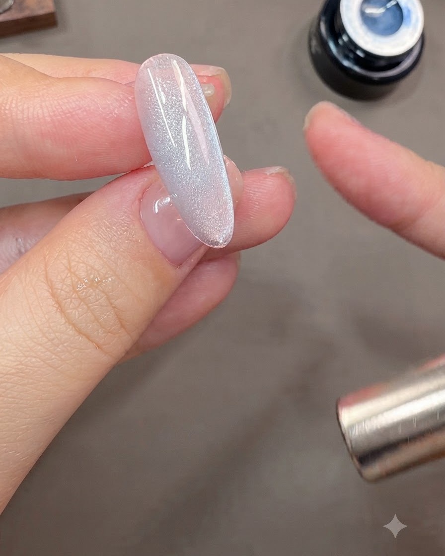 Una vista ravvicinata di una mano che tiene una bacchetta magnetica vicino a ununghia in gel cat-eye grigio-blu per modellare un riflesso di luce laterale.