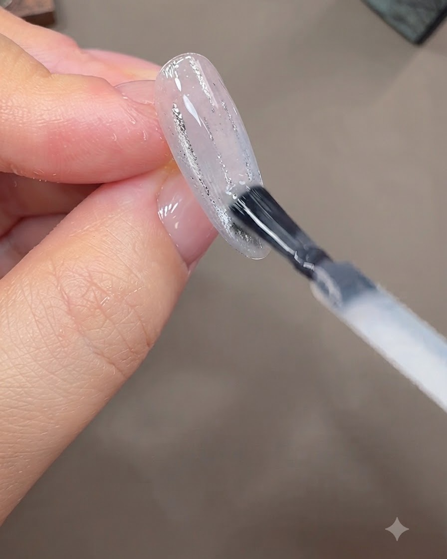 Un pennello applica un sottile strato di gel costruttore trasparente sulla superficie di ununghia decorata.
