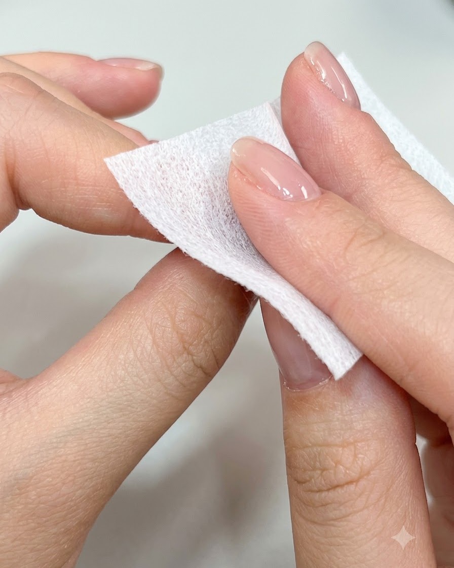 Una mano che usa un pad detergente per pulire la superficie di ununghia lucida e curata.