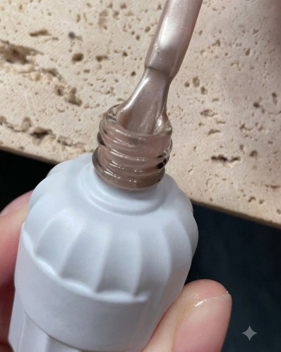 Primo piano di un flacone di smalto gel bianco che viene aperto, rivelando il pennello applicatore.