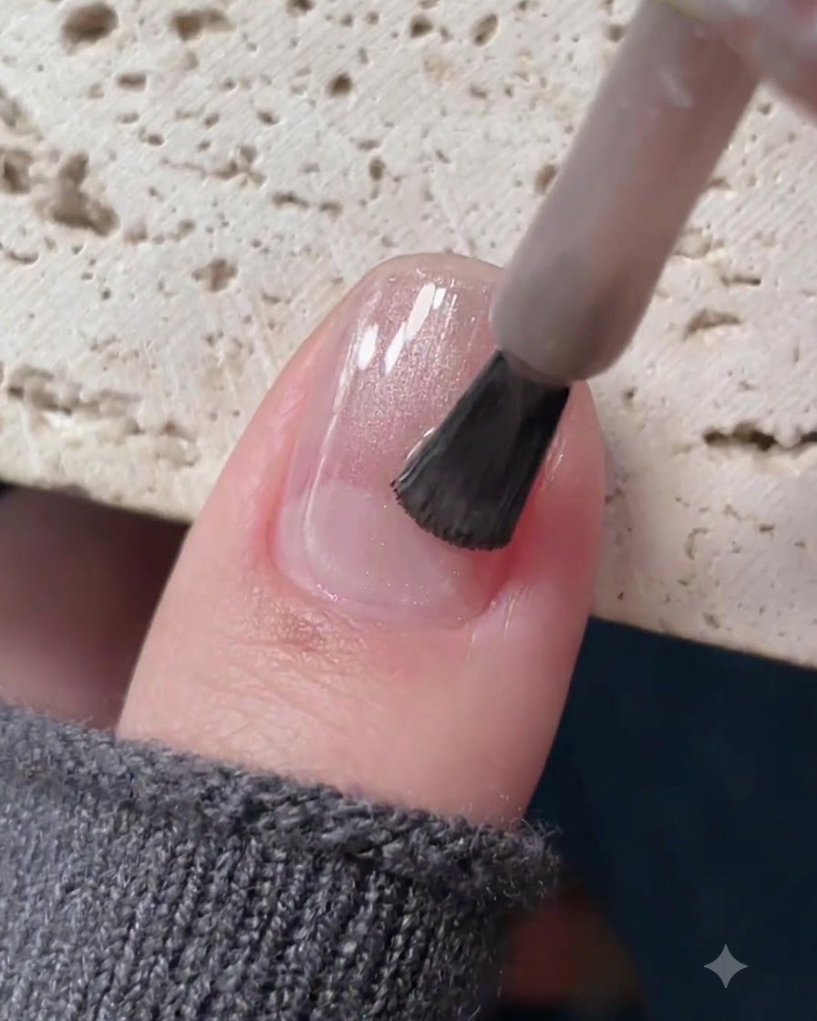 Un pennello per unghie che applica il gel cat eye trasparente color champagne chiaro su ununghia preparata.