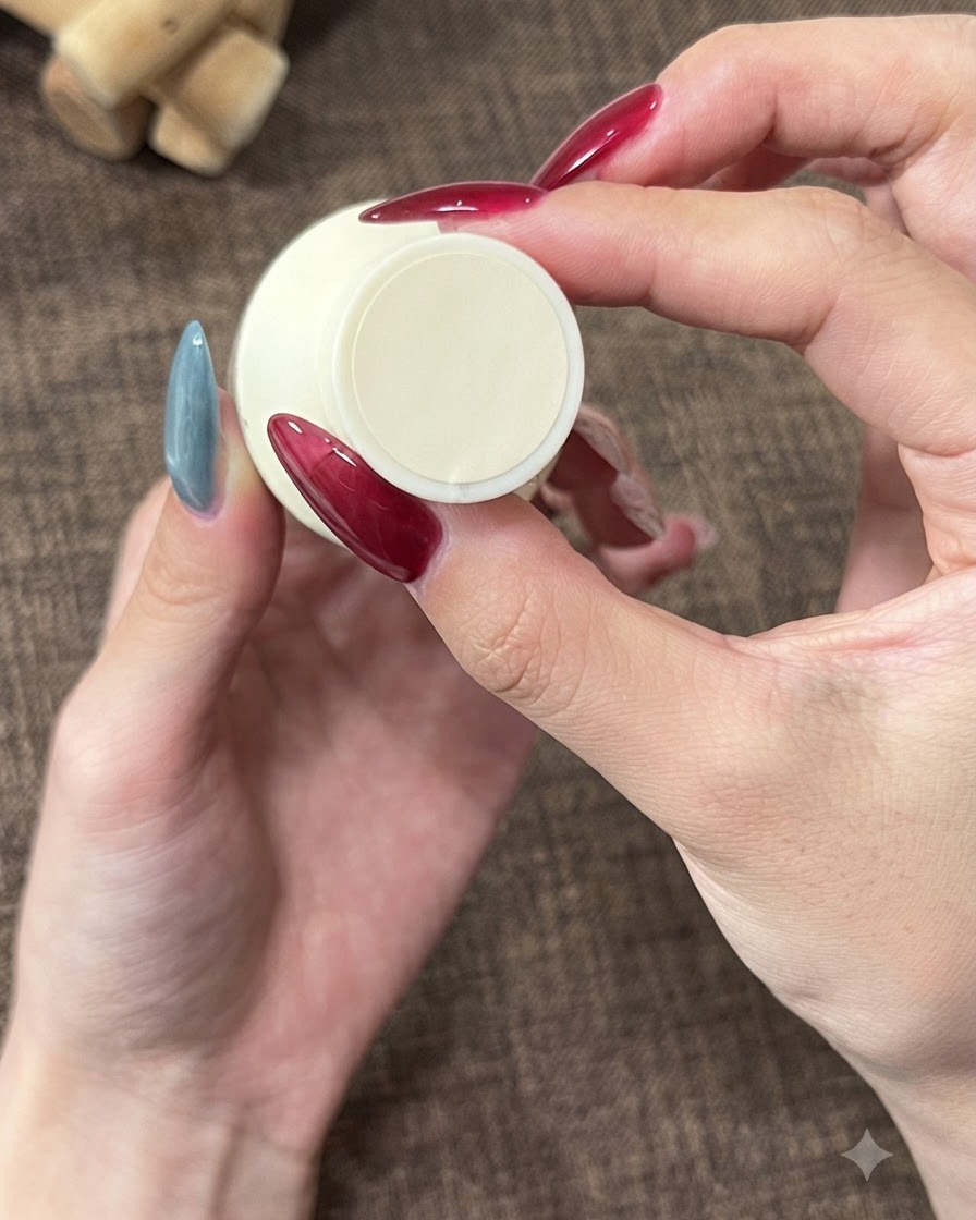Un primo piano di mani che tengono un flacone di smalto gel color crema con etichette decorative.
