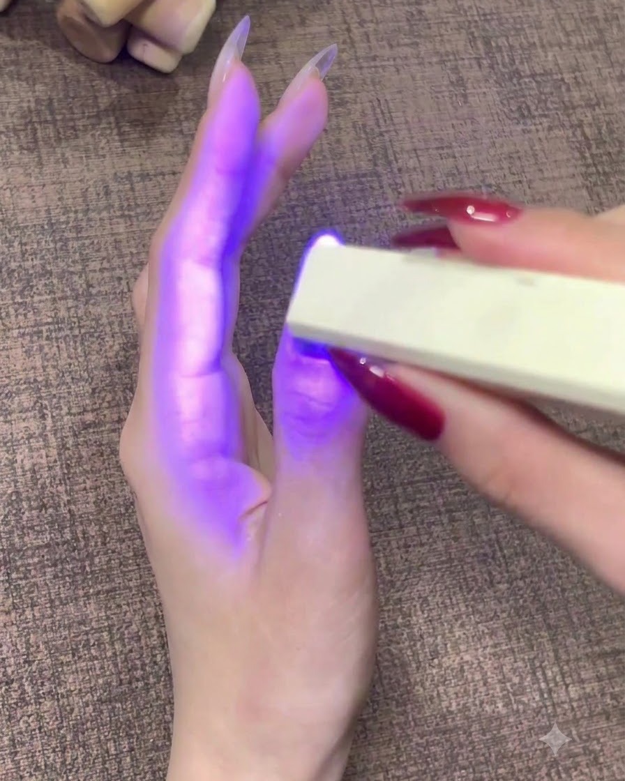 Una lampada portatile UV LED per unghie che emette luce viola su ununghia del pollice finita.