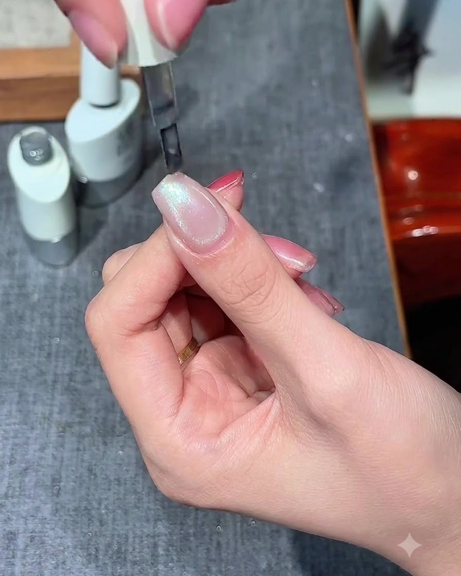 Un pennello applica uno strato di gel cat eye trasparente sopra la base nude polimerizzata.