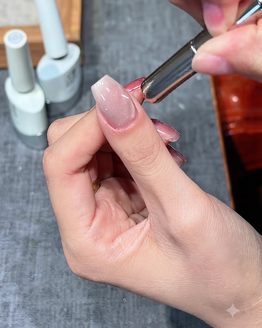 Uno stick magnetico tenuto vicino a ununghia per spostare le particelle cat eye.