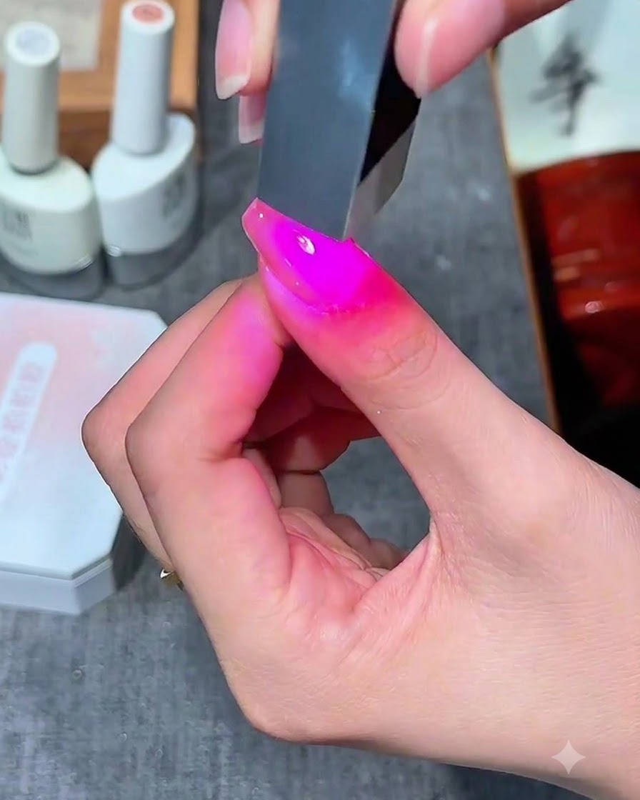 Ununghia illuminata da luce UV rosa allinterno di una lampada per polimerizzare le unghie.