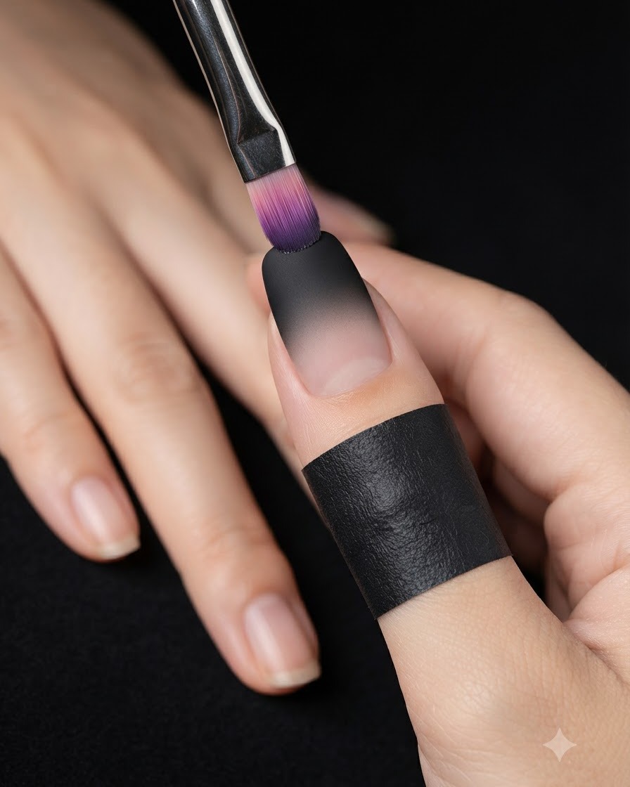 Uno strumento a spugnetta che tampona lo smalto gel nero sulla porzione superiore di ununghia con finitura opaca.