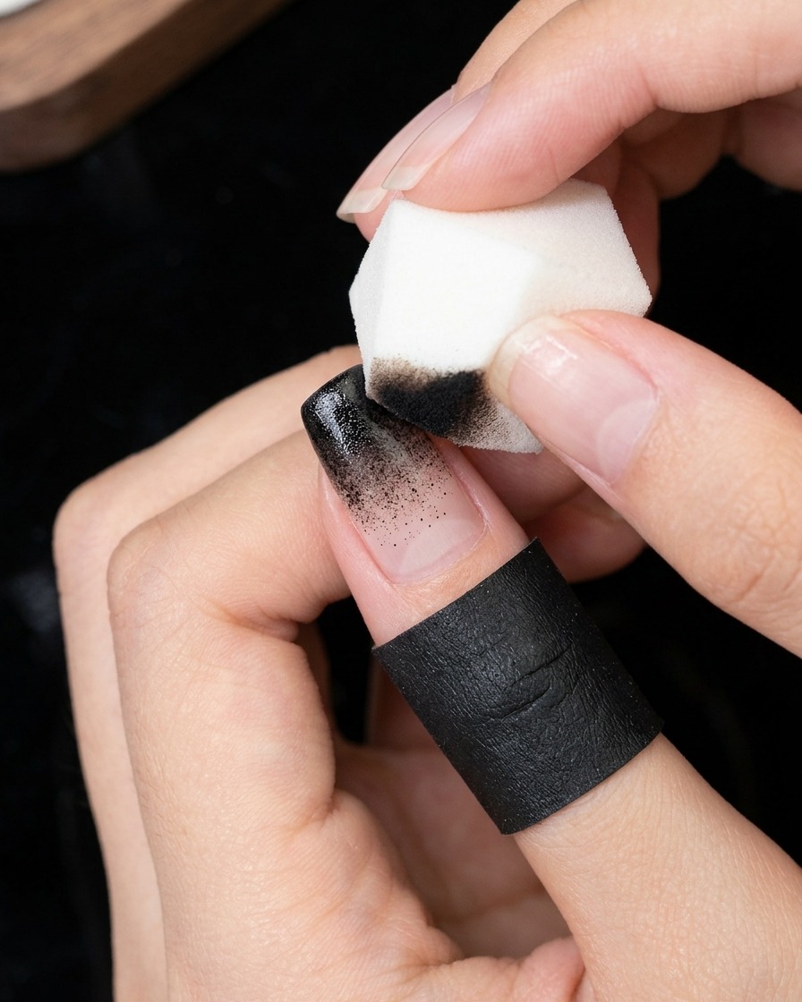 Un primo piano di una piccola spugnetta che tampona il gel nero sulla punta dellunghia per intensificare leffetto ombré.