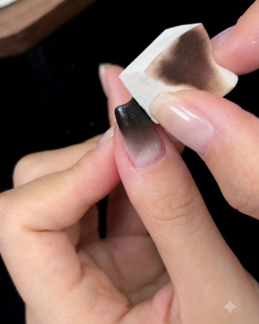 Uno strumento a spugnetta che tampona delicatamente il secondo strato nero per sfumare e uniformare la transizione.