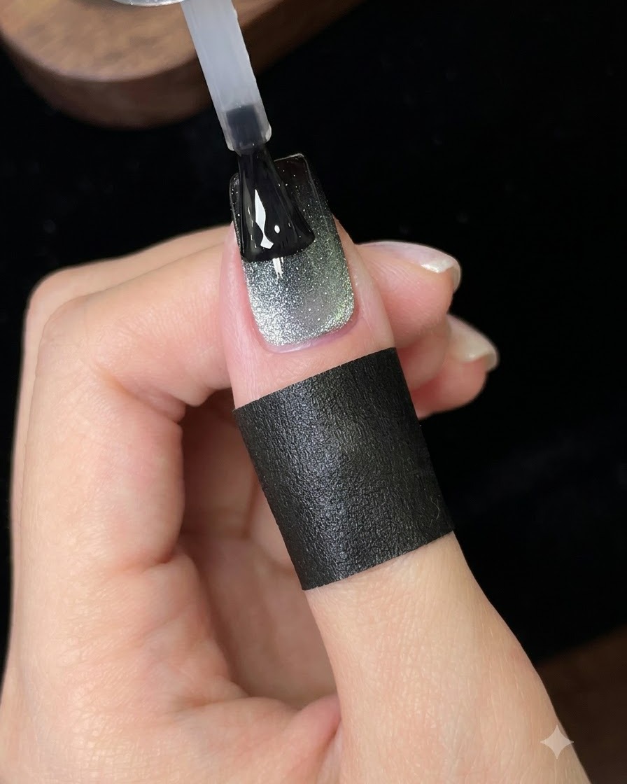 Un pennello che applica uno strato finale di top coat lucido sullunghia cat eye galassia finita.