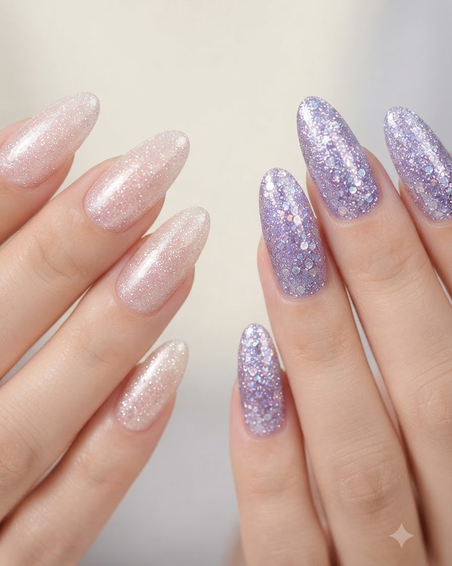 Una chiara visuale di entrambe le mani che mostrano fianco a fianco le unghie glitter nude rosa e glitter viola.