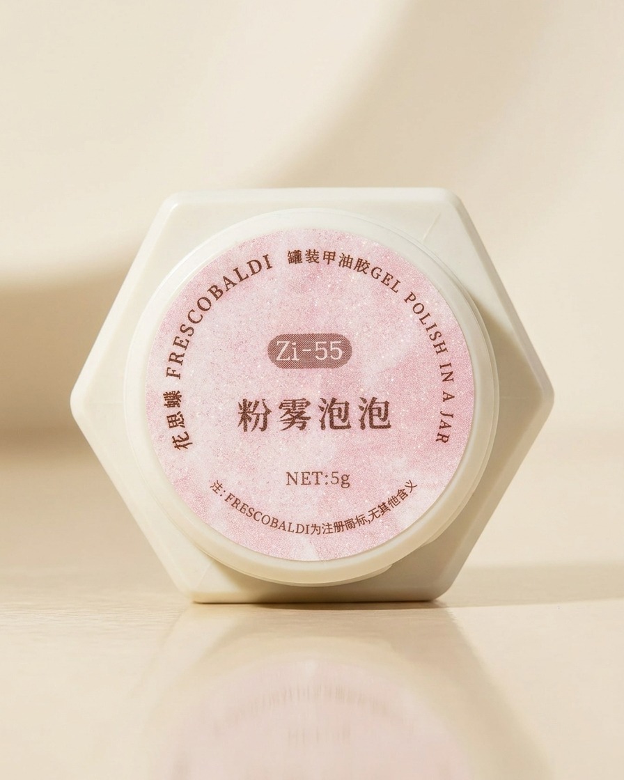 Primo piano di mani che svitano un barattolo di gel polish brillante viola e rosa su sfondo neutro.