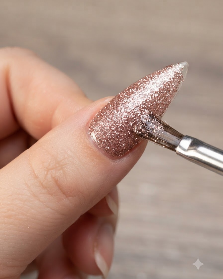 Vista dettagliata di un pennello sottile che applica uno strato di gel glitterato su un supporto per unghie trasparente a mandorla.