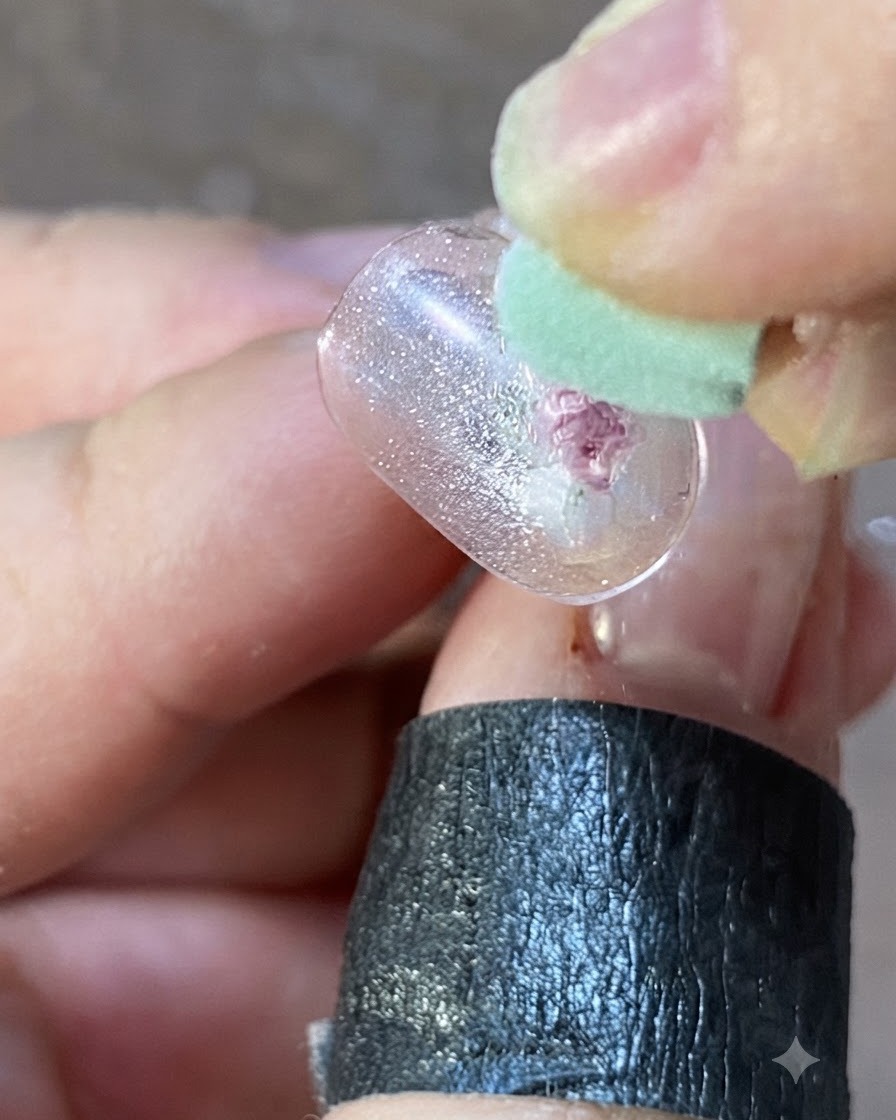 Primo piano di uno strumento in silicone che preme i dettagli in gel rosa su una superficie trasparente di ununghia di prova.