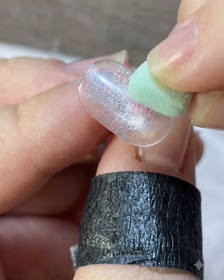 Un pennello liner sottile che disegna sottili linee rosa verso lesterno da un elemento centrale su una punta dunghia traslucida.