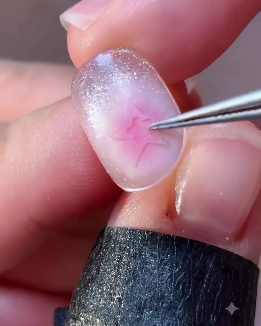 Pinzette che regolano con precisione un elemento di nail art a forma di stella su un dito con manicure.