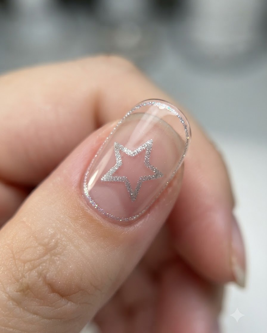 Primo piano di un pennello sottile che posiziona piccole scaglie iridescenti su ununghia in gel trasparente.