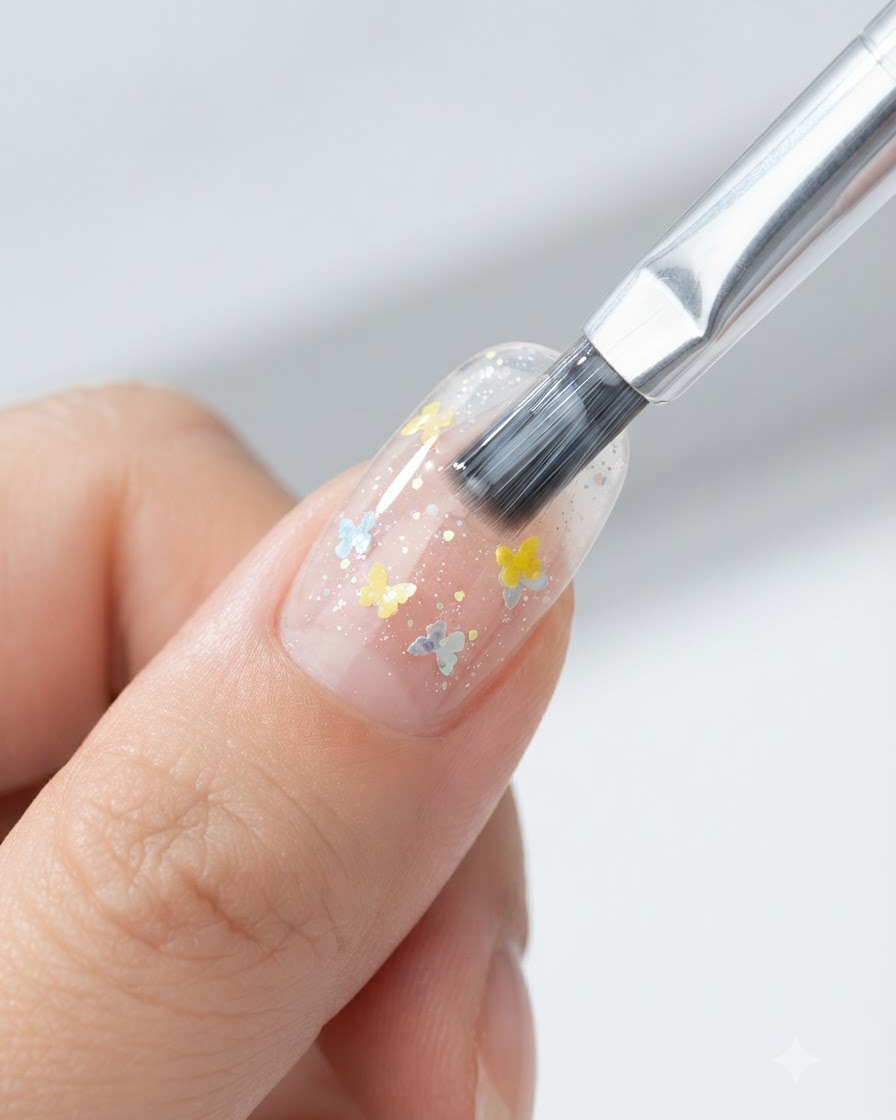 Un pennello per unghie che applica un sottile strato di top coat su un design finita di nail art con stelle e farfalle.