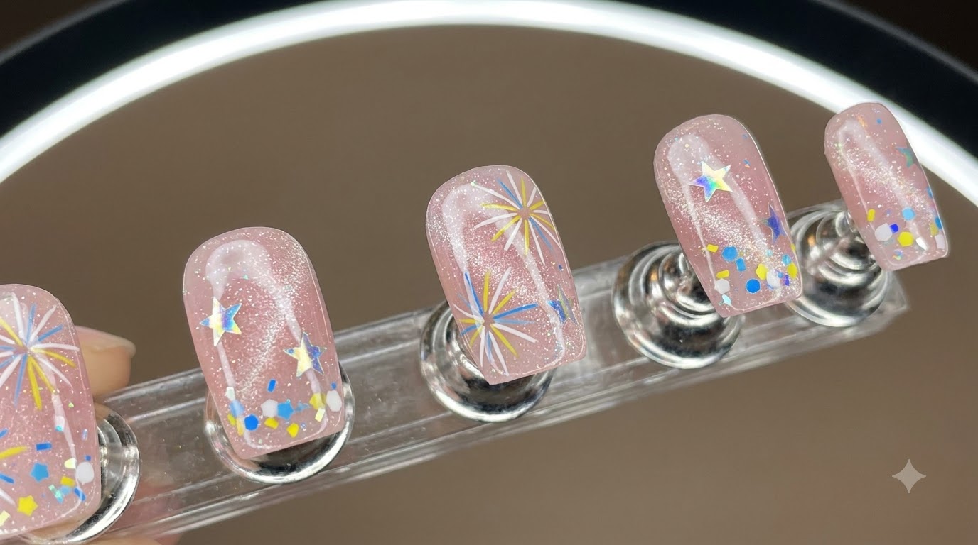 Nail art con stelle, fuochi d'artificio e caramelle — Tutorial gel passo dopo passo