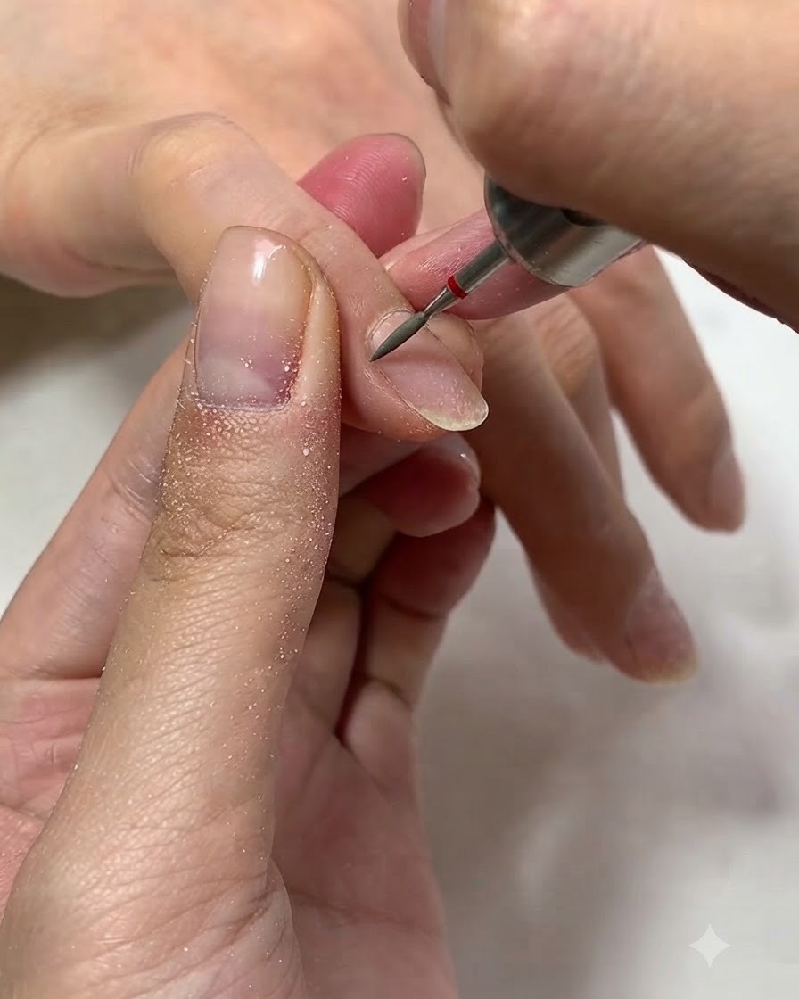 Un primo piano di una fresa per unghie elettrica con una punta in ceramica che rifinisce delicatamente la linea delle cuticole di ununghia naturale.