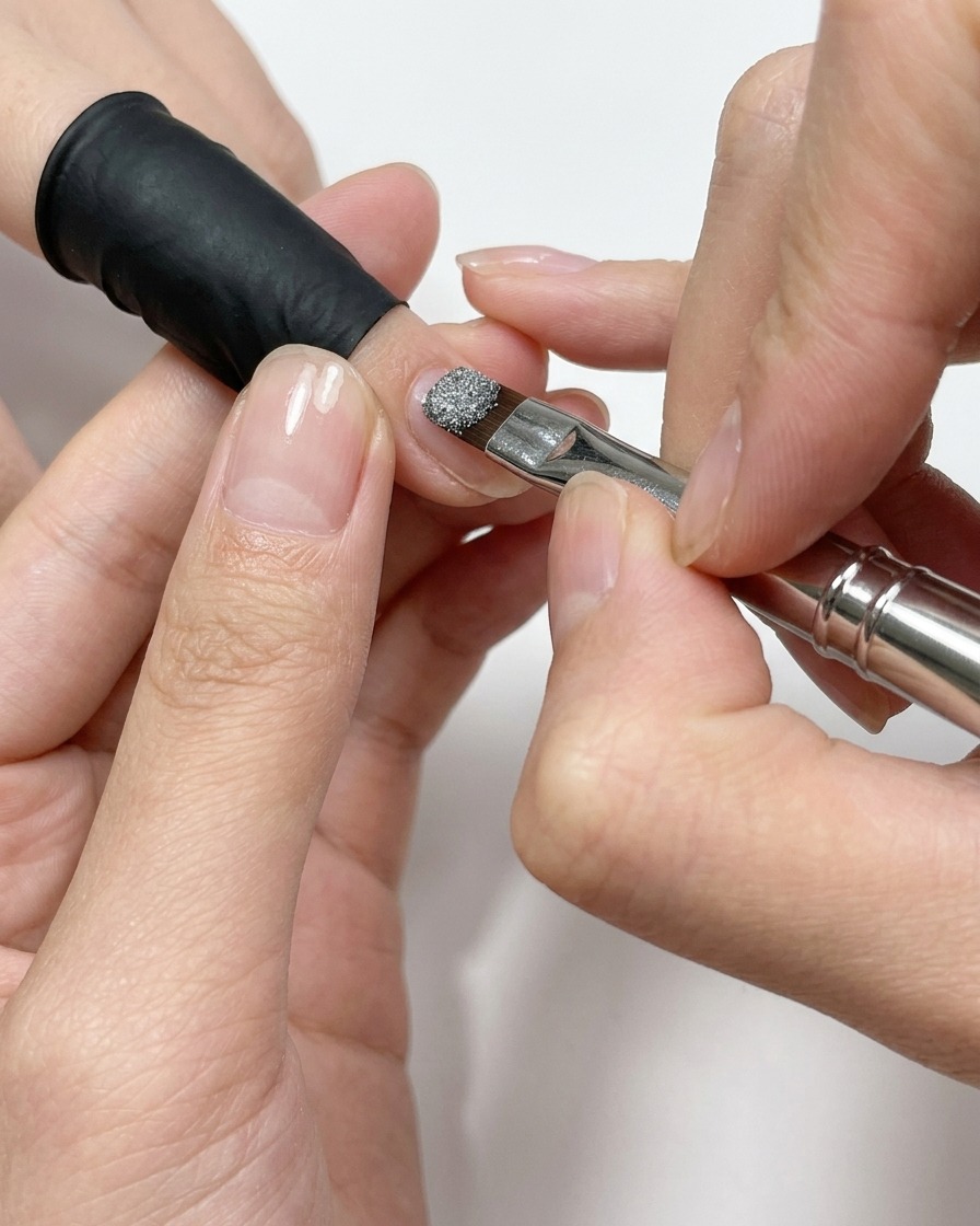 Un pennello per unghie che applica gel cat-eye brillante su ununghia.