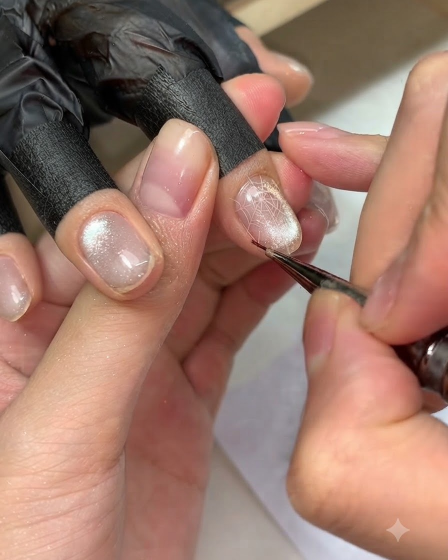 Un pennello fine che disegna sottili ragnatele di gel trasparente sopra ununghia cat-eye.