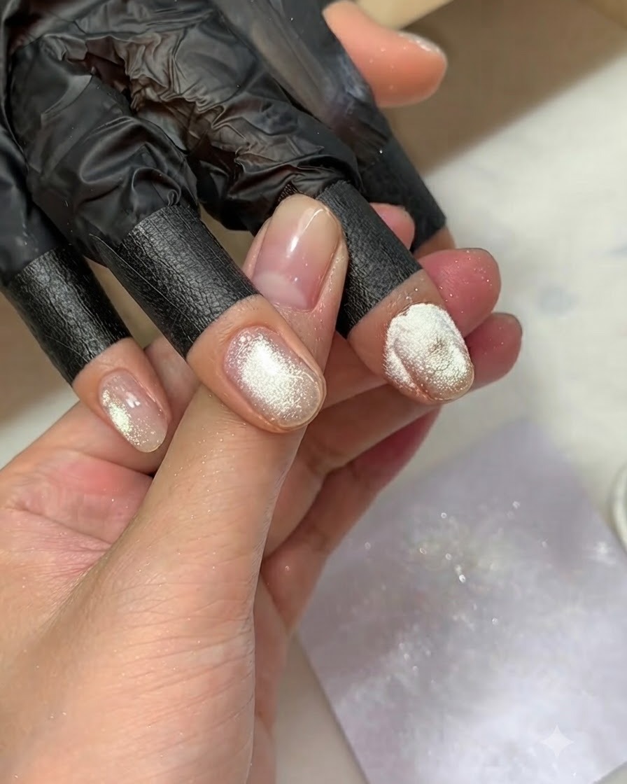 Una mano con glitter cosparsi sulle linee di gel bagnate su ununghia.
