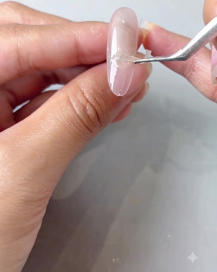 Una pinzetta che solleva e stacca un piccolo adesivo guida da ununghia smaltata.