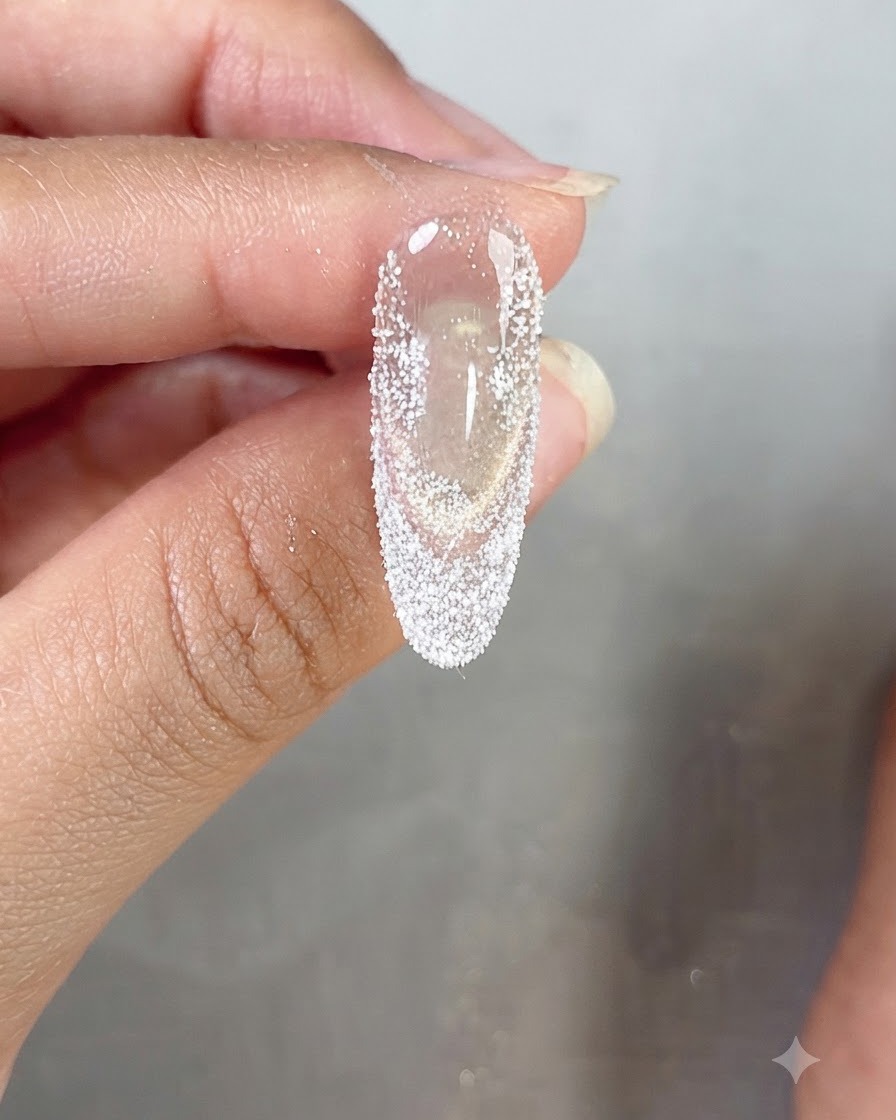 Primo piano di ununghia che mostra un fitto strato di polvere glitter bianca che forma una punta French.