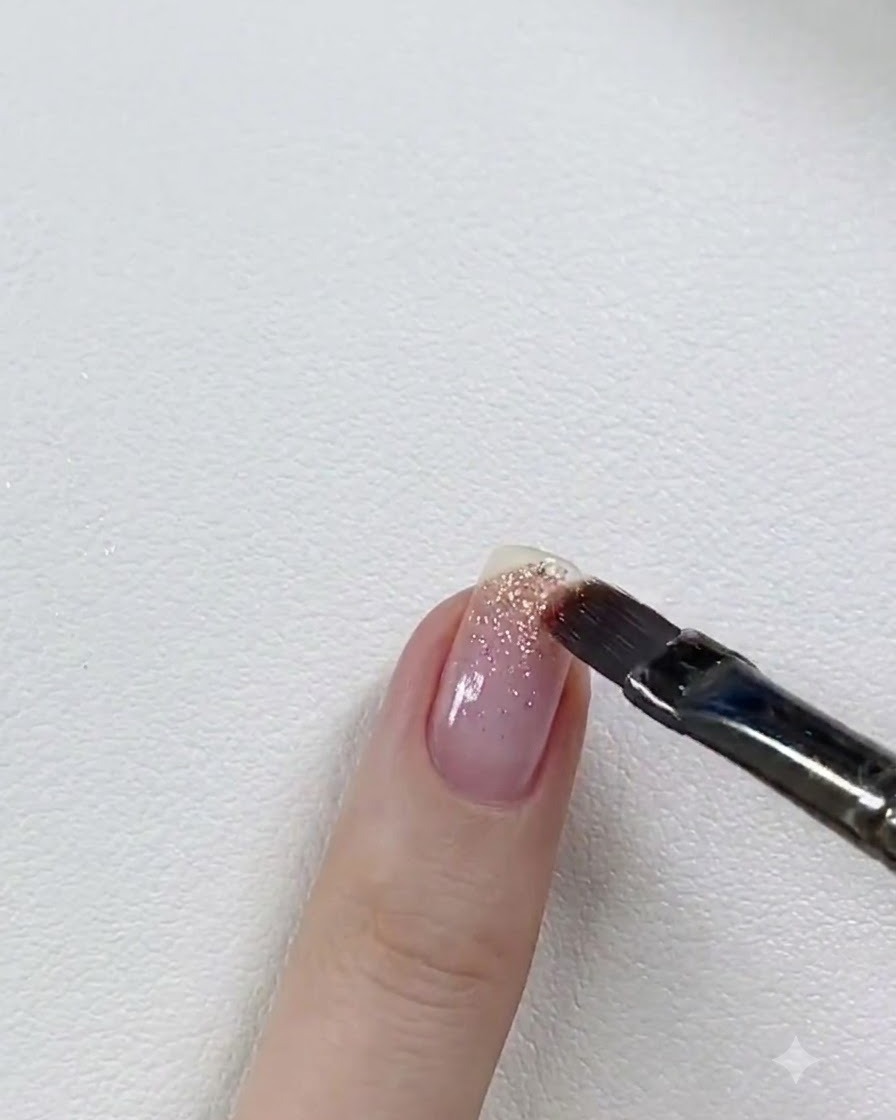 Un pennello piatto per gel applica il gel glitter rosa chiaro sul margine libero di ununghia.