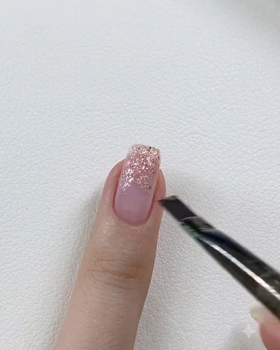 Una piccola mini torcia UV/LED polimerizza il gel glitter applicato su ununghia sopra un tavolo bianco.