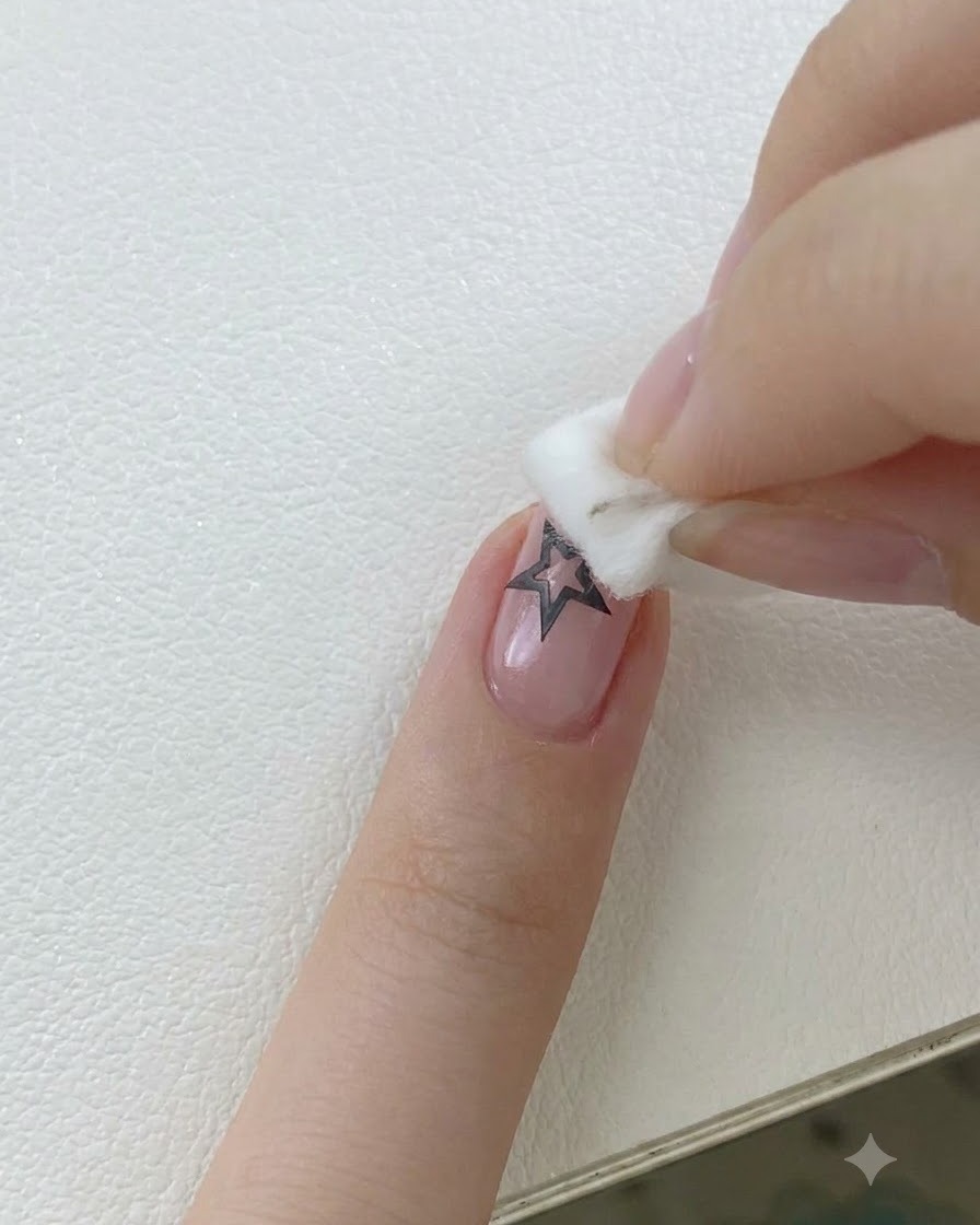 Primo piano di un dito con un adesivo a stella nera sullunghia, mentre un piccolo applicatore a spugnetta tampona lo smalto gel rosa attorno ai bordi.