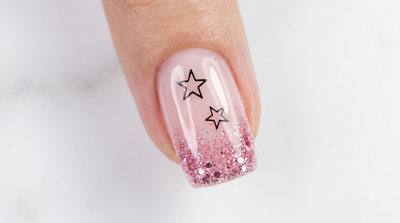 Unghie Sfumate con Glitter Rosa e Adesivi di Stelle — Tutorial Passo dopo Passo
