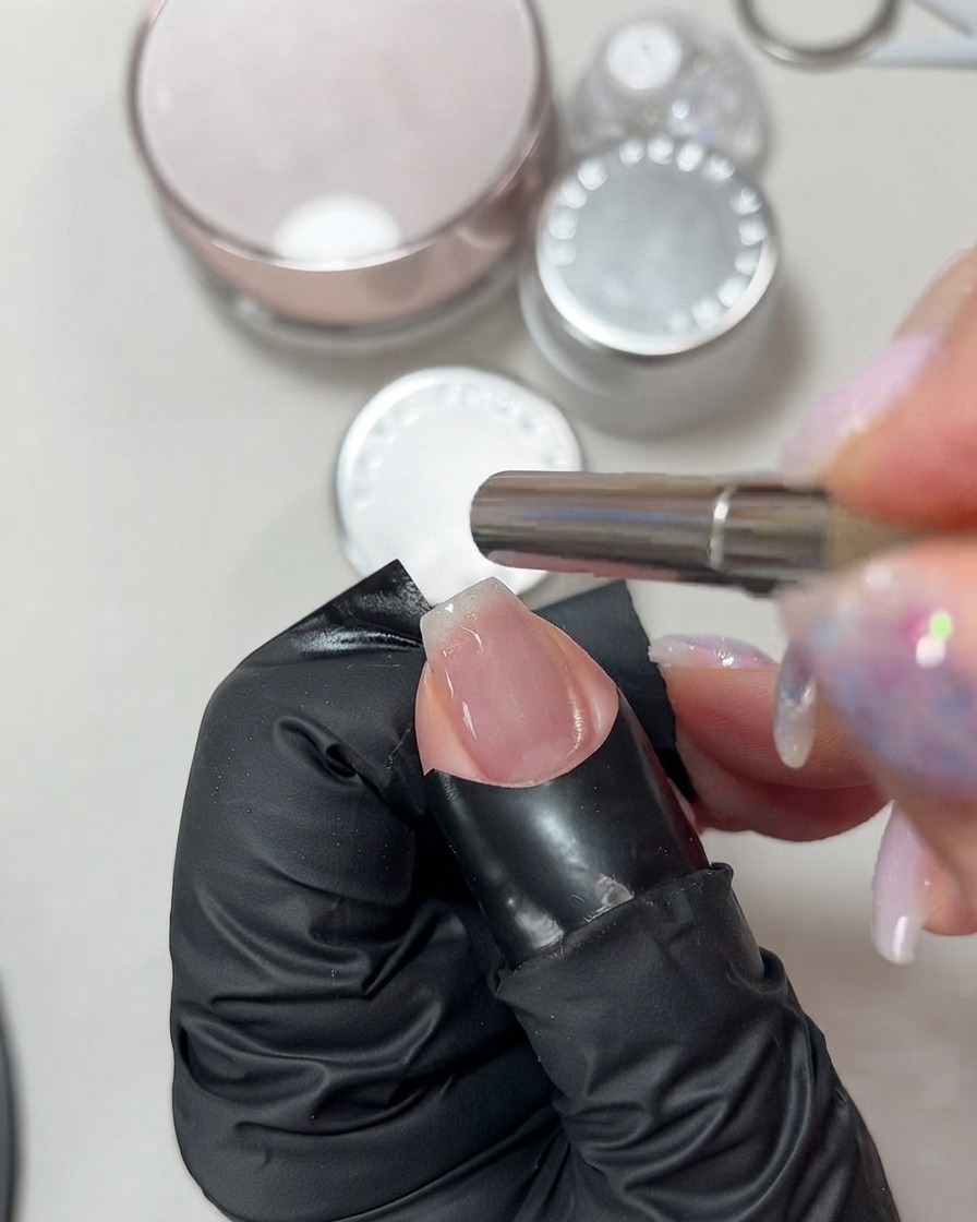 Una mano che tiene un magnete cilindrico sopra unghia rivestita di gel cat-eye rosa bagnato per manipolare il riflesso.