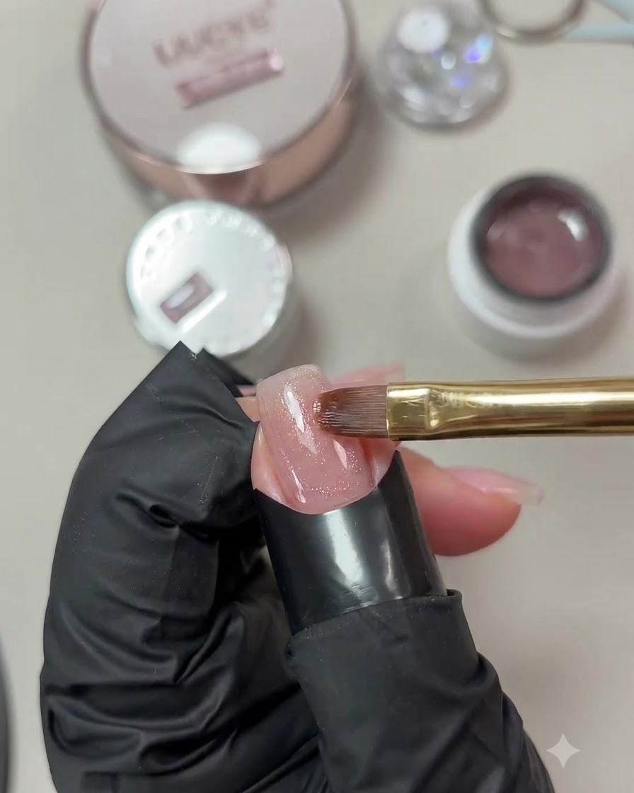 Un pennello piatto per gel che applica un sottile strato di smalto gel cat-eye rosa brillante su ununghia parzialmente rifinita.