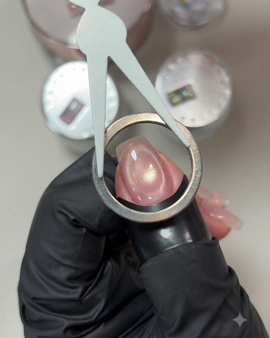 Un magnete ad anello circolare tenuto sopra ununghia in gel cat-eye rosa per creare un effetto alone luminoso.